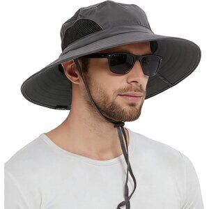 Unisex Dark Grey 100% Polyester Wide Brim Mesh Vents With Chin Strap Fishing Hat